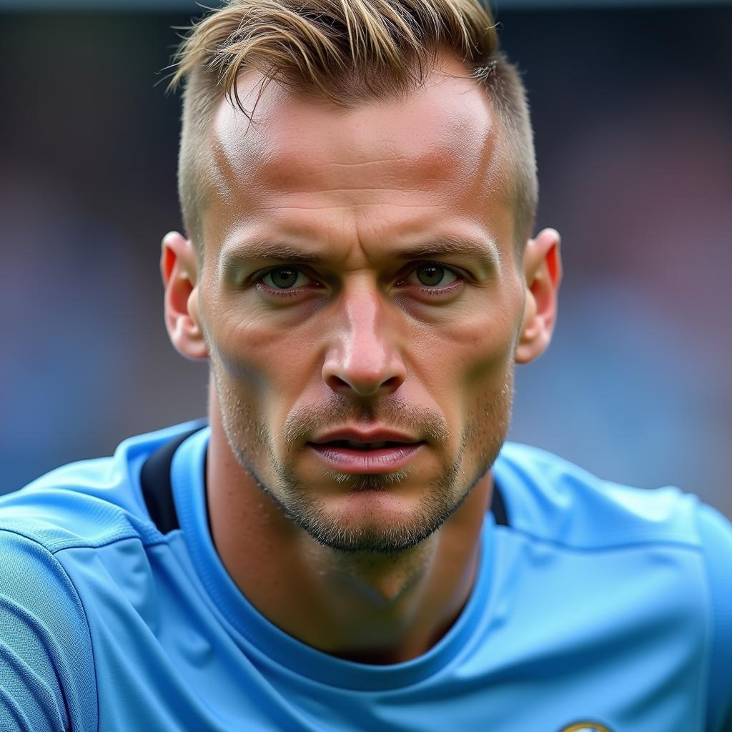 Close-up portrait of Erling Haaland in his Man City jersey, focused gaze, intense expression, suitable for a poster.