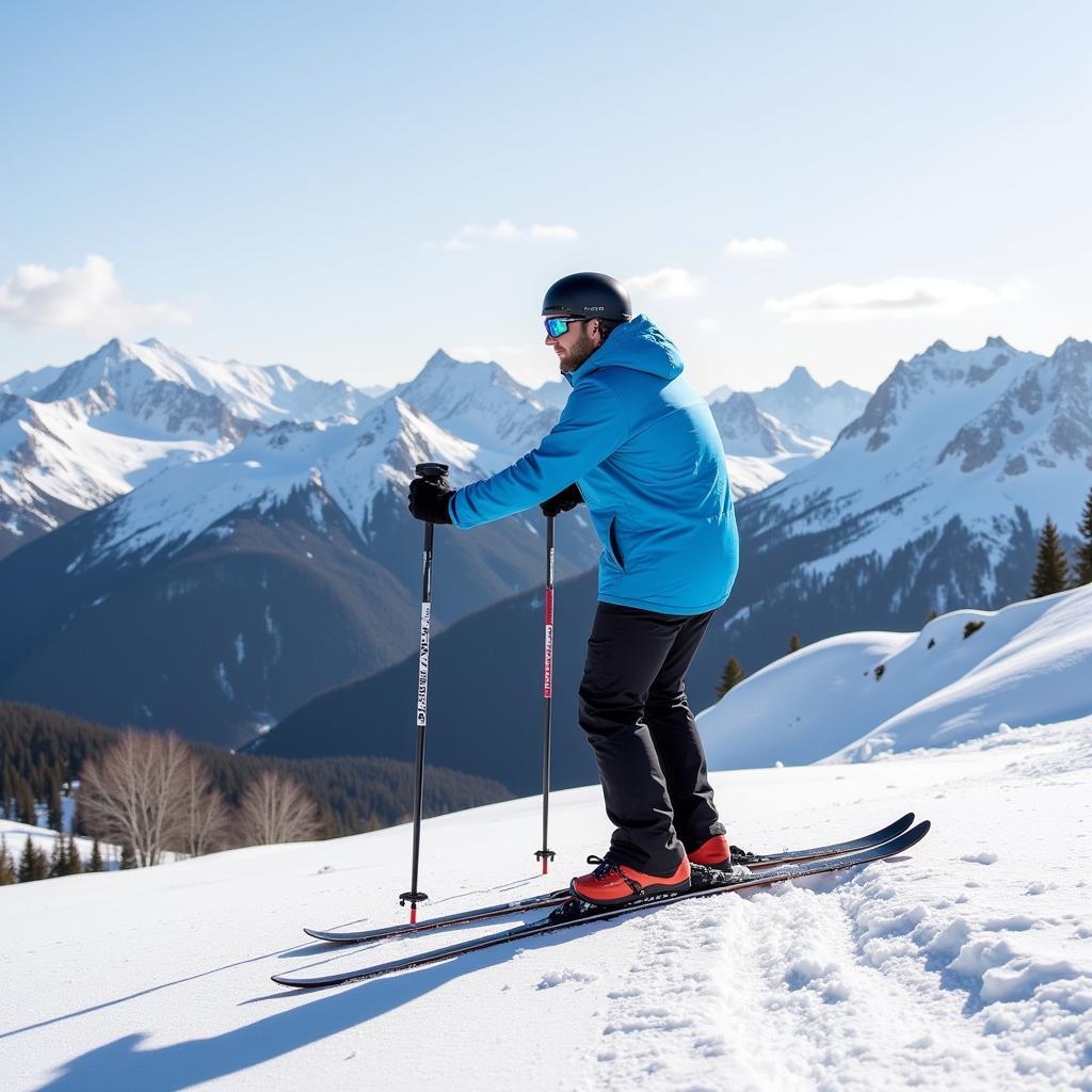 Erling Haaland takes a break on the ski slopes, admiring the mountainous scenery.