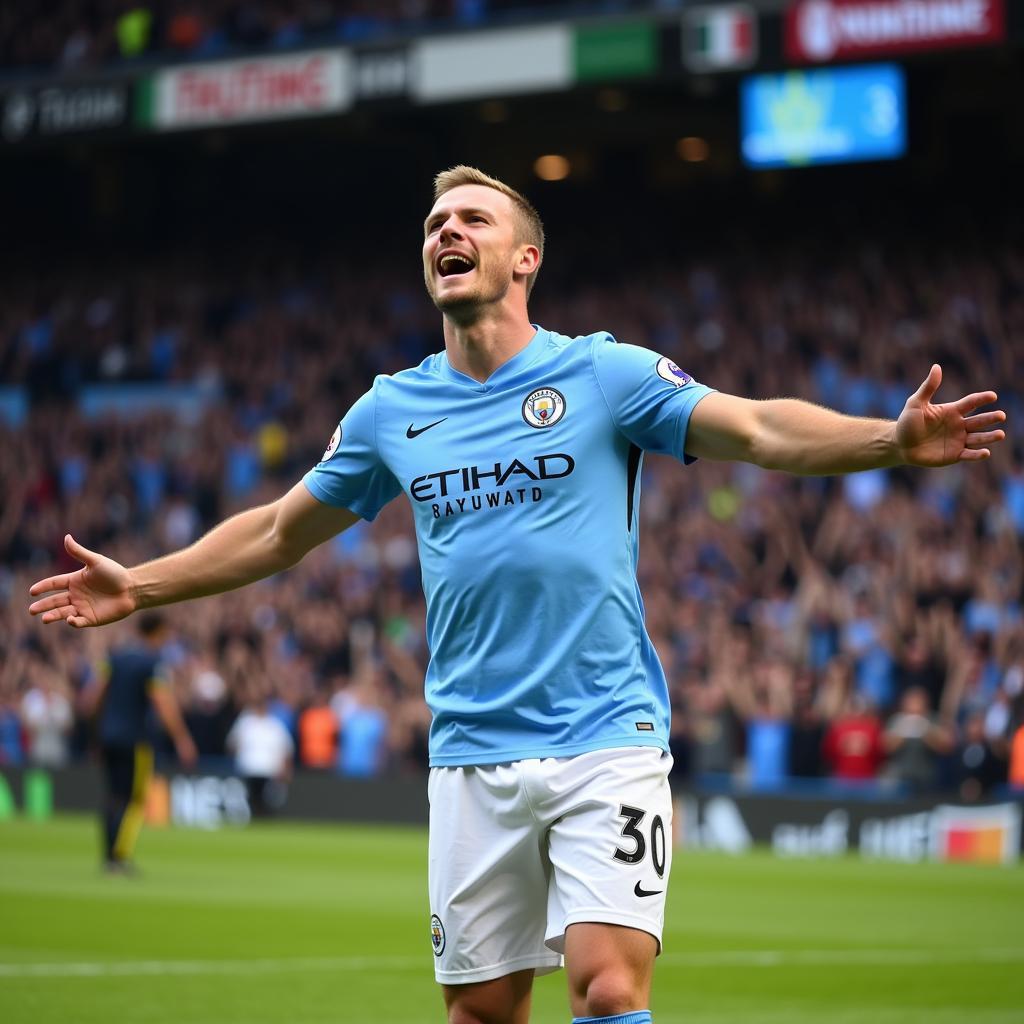 Erling Haaland celebrating a goal in his Manchester City kit