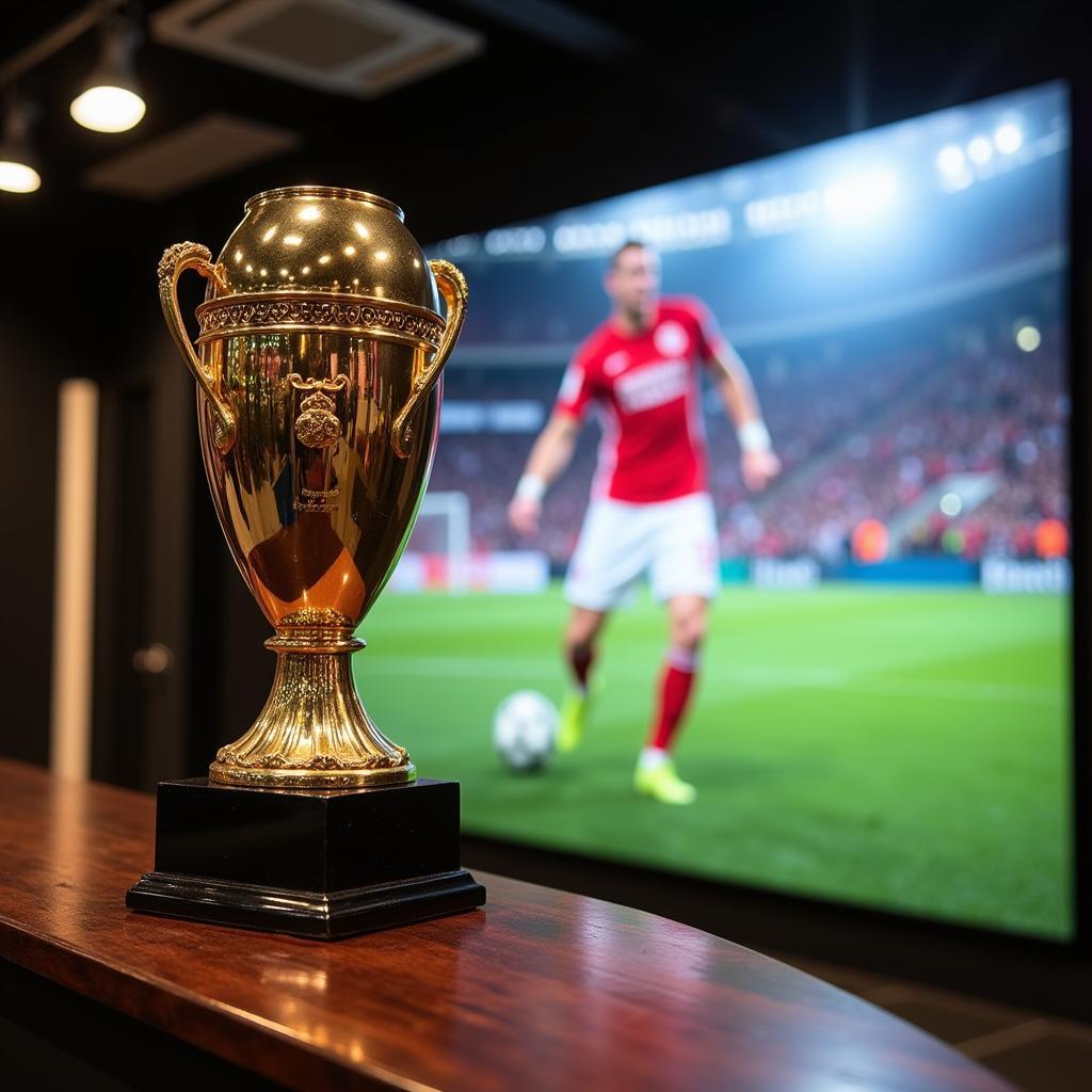 A gleaming fantasy football trophy displayed prominently, with a large backdrop featuring Erling Haaland in action.