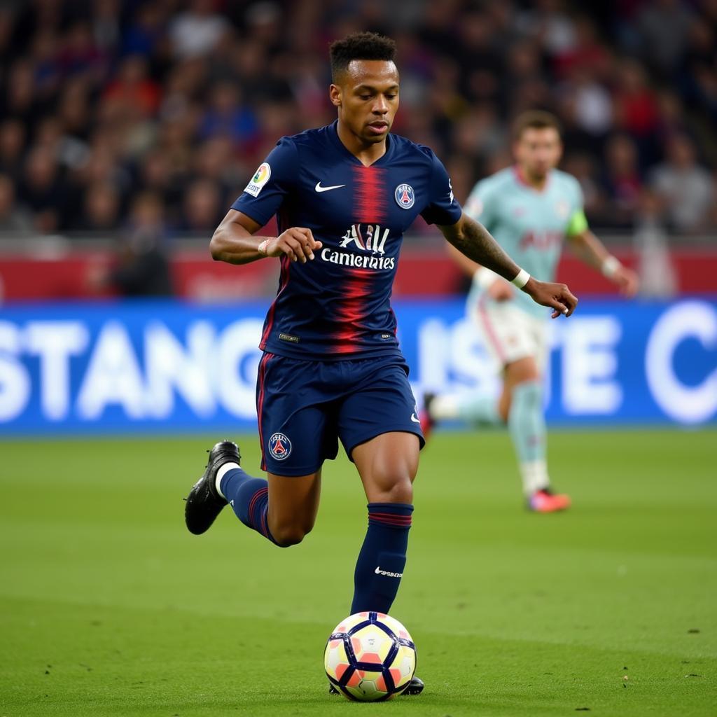 Kylian Mbappé sprinting with the ball in a PSG match