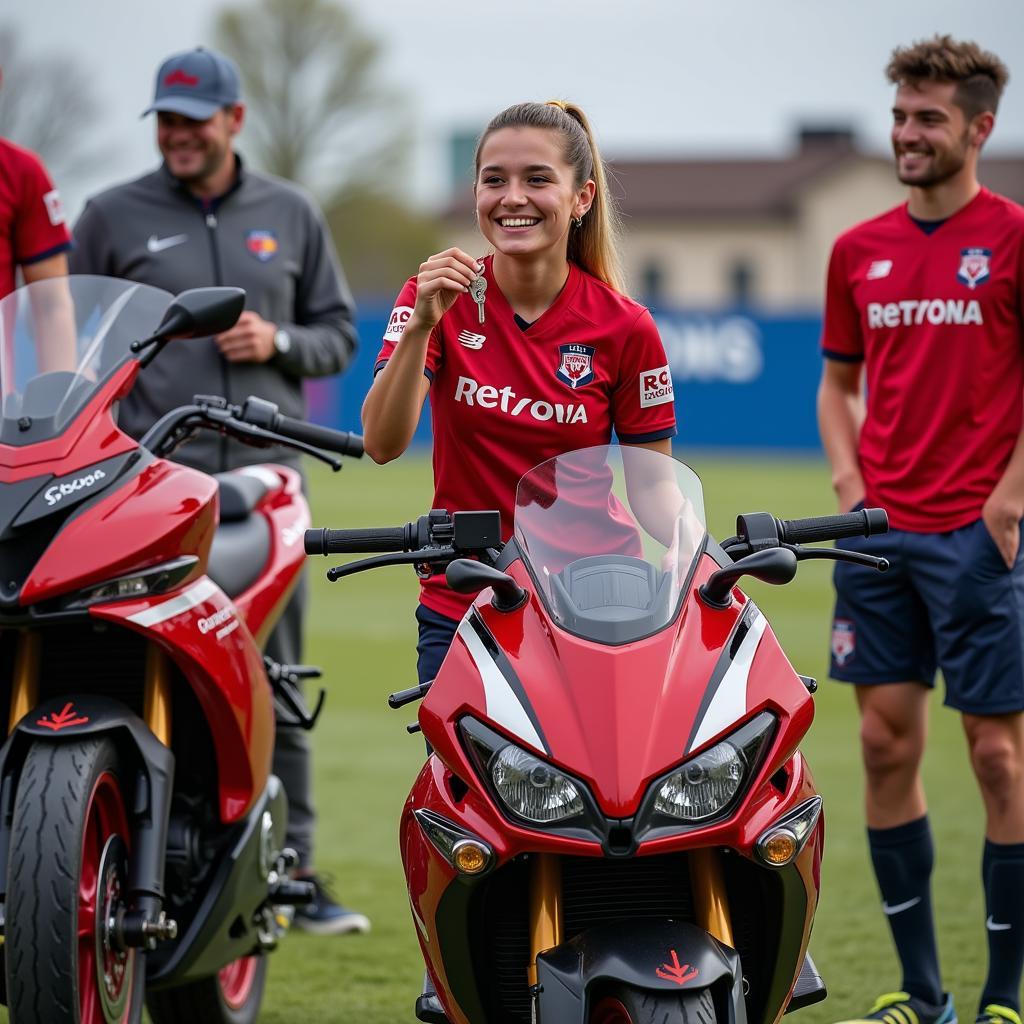 Female Football Player Receiving a Motorbike Gift