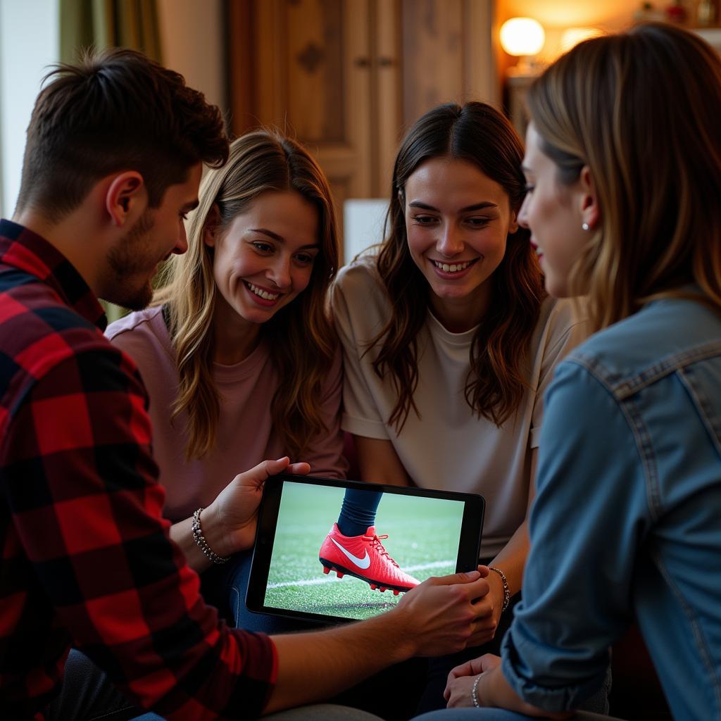 Group of friends enjoying a football player guessing game on a tablet