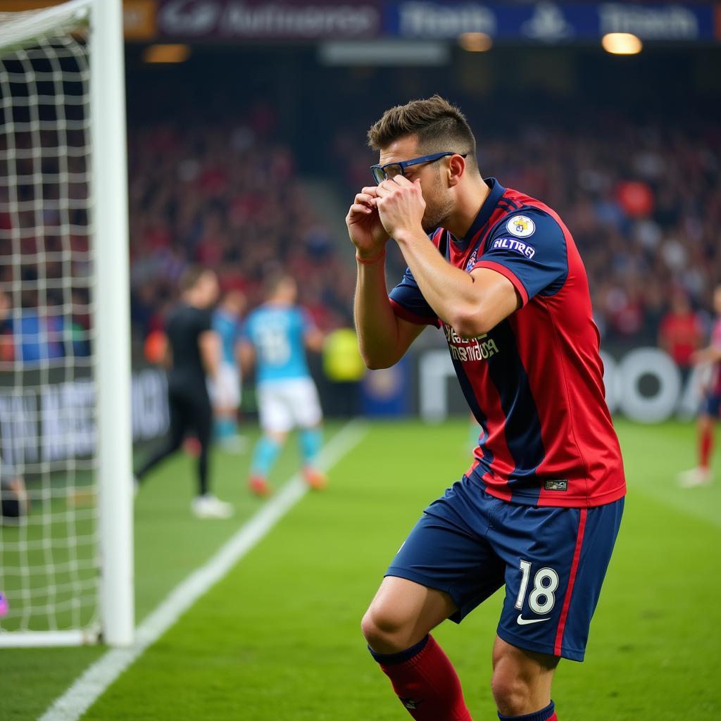 Football Player Adjusting Sports Glasses Before Penalty Kick