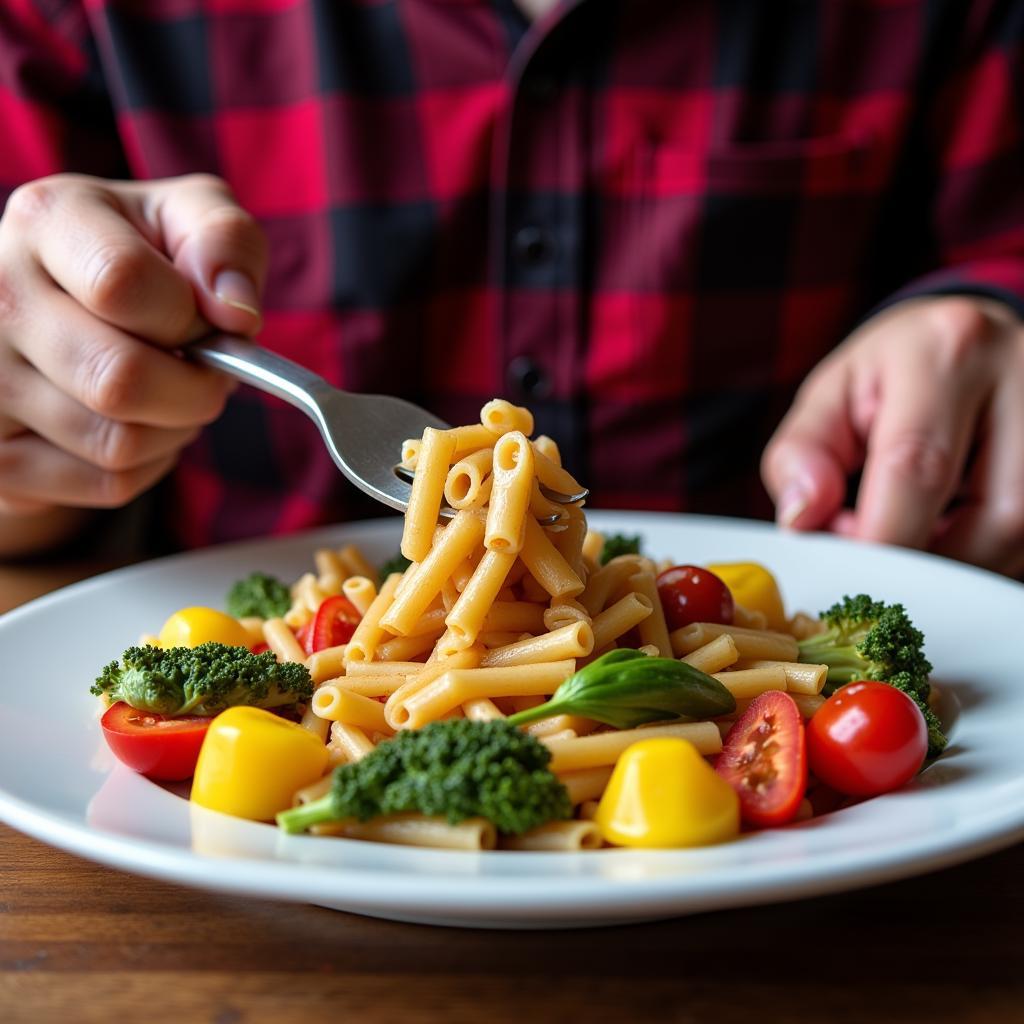 Football player eating a plate of pasta for carbohydrate loading