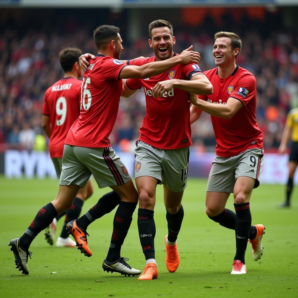 Football Player Celebrating a Goal with Teammates