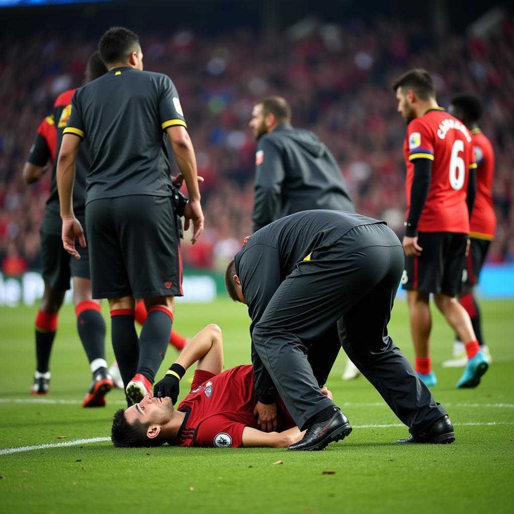 A football player collapsing on the field