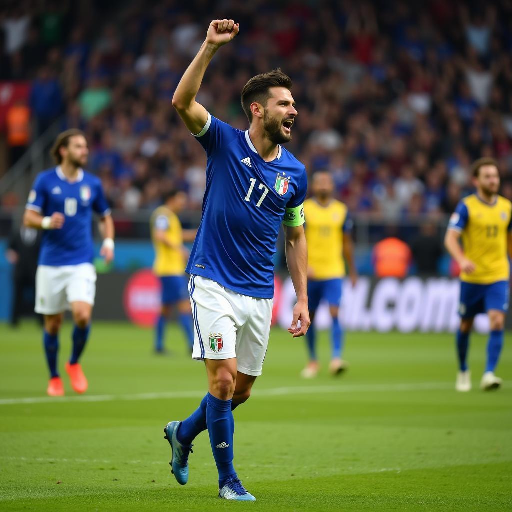 Football player celebrating a goal against an Italian team.