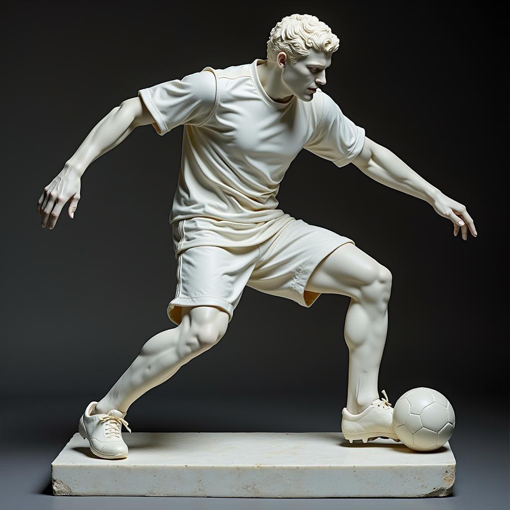 A marble statue of a football player in a powerful striking pose.