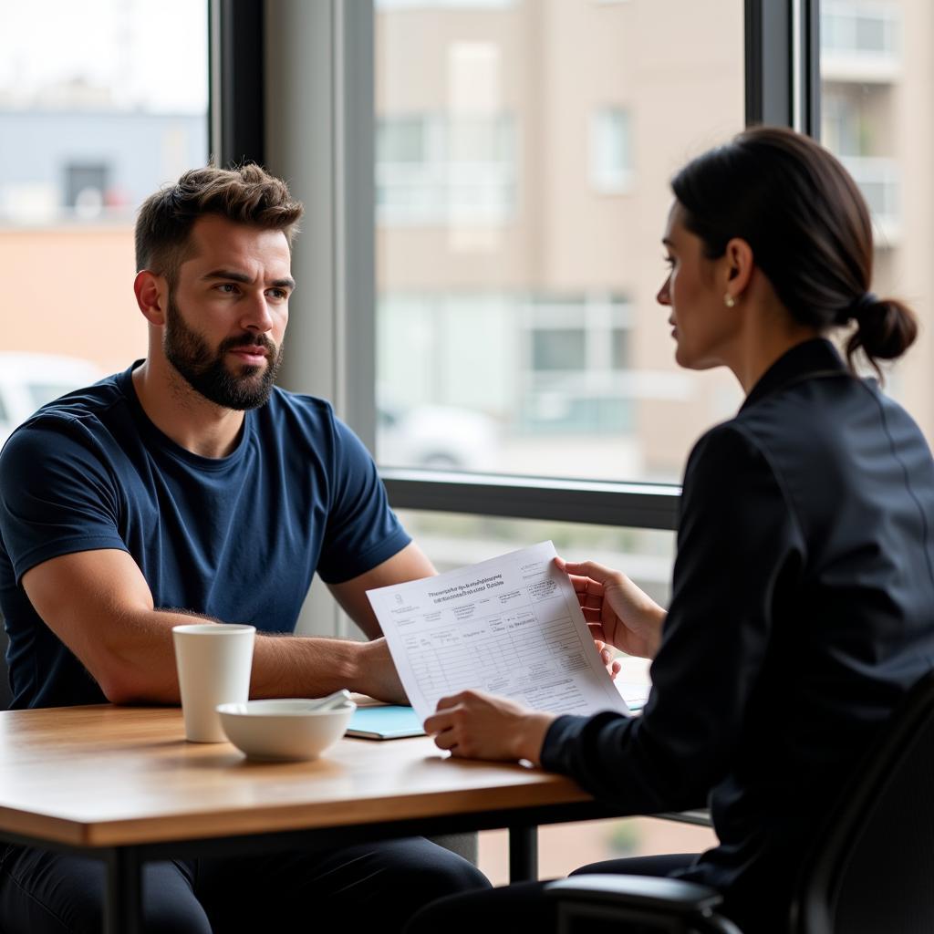 Football player consulting with a nutritionist