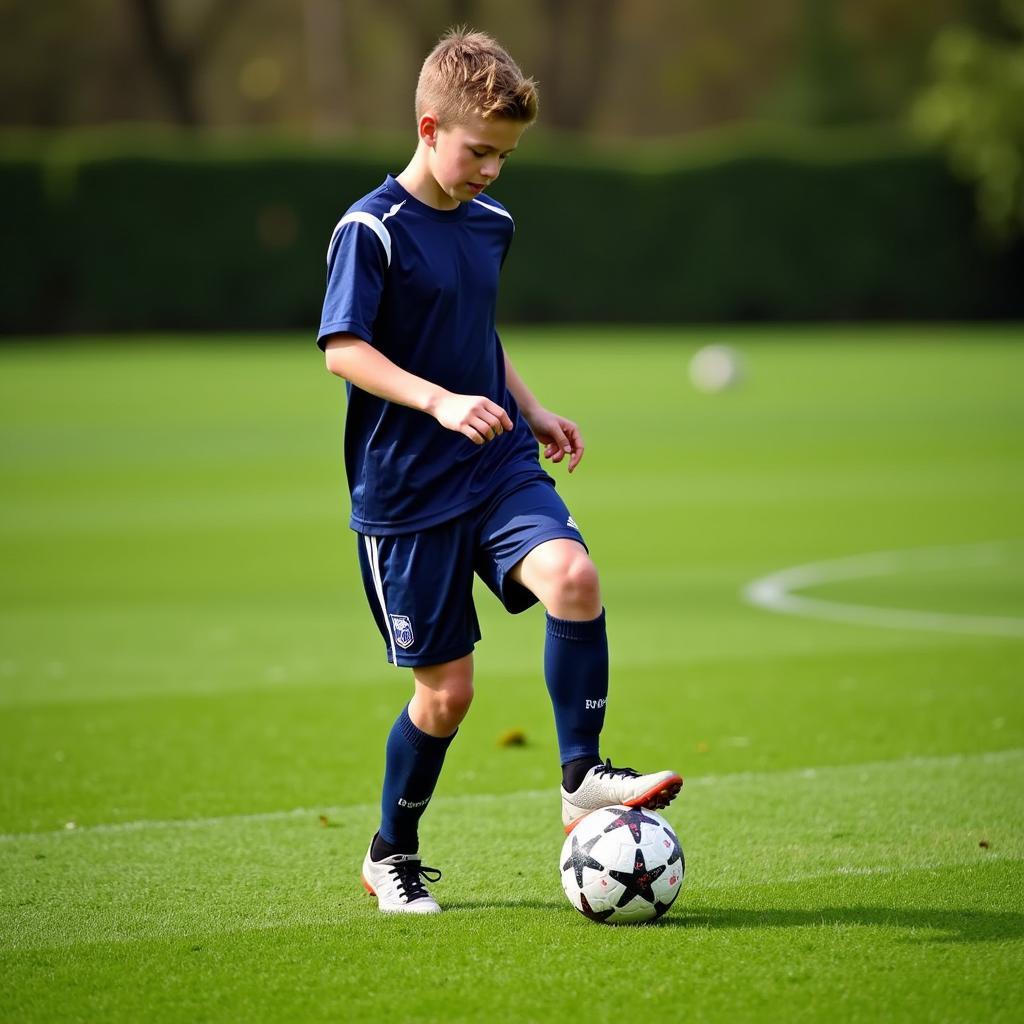 A young football player diligently practicing dribbling skills on a grassy field.