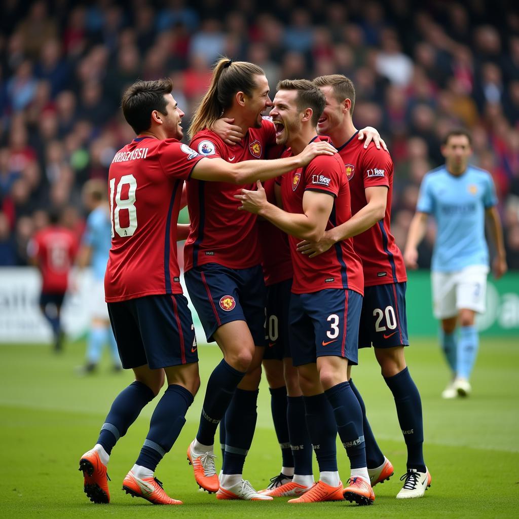 Football players celebrating a goal, highlighting the importance of teamwork and camaraderie in the sport.