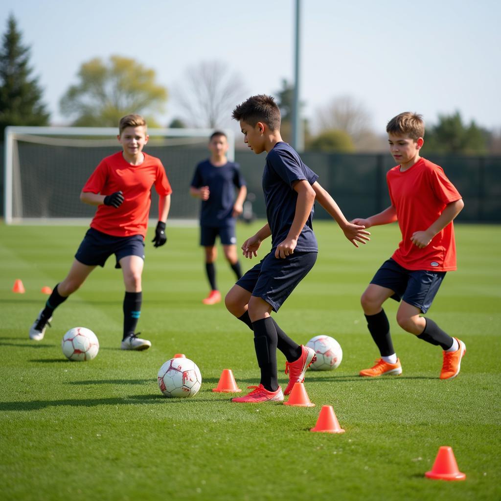 Young football players practicing speed and agility drills.