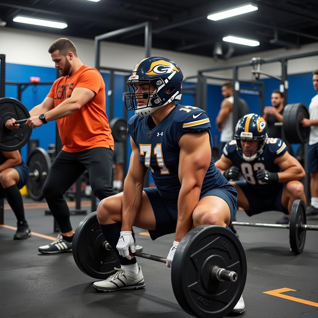 Football players engaging in strength training exercises