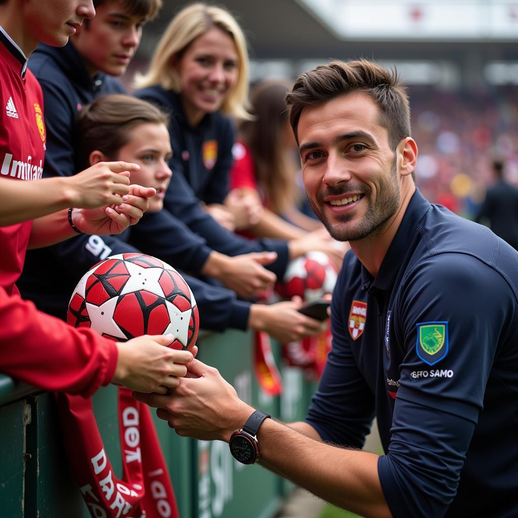 A footballer interacting with fans, signing autographs and taking pictures