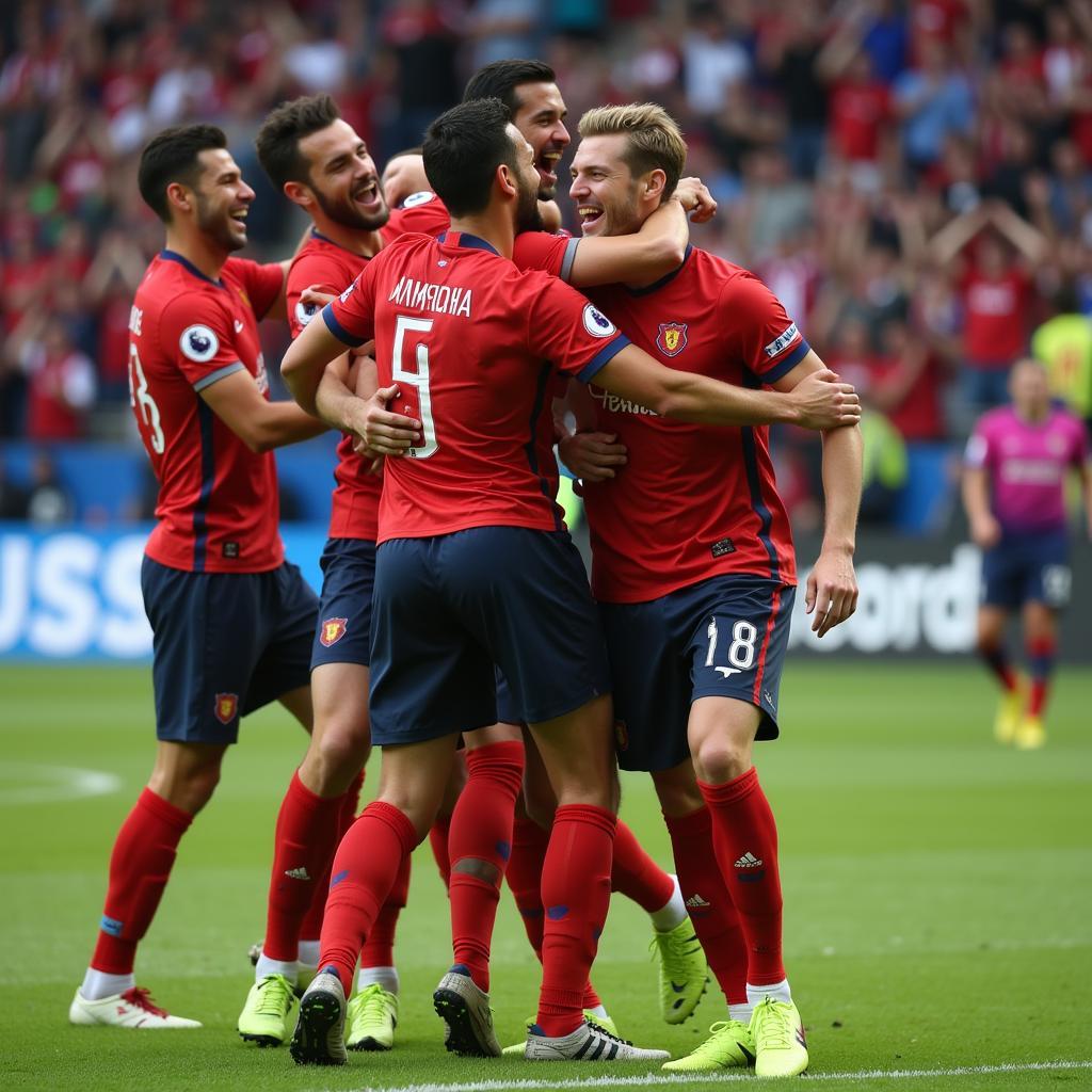 A footballer celebrates a goal with his teammates, demonstrating team spirit and joy.