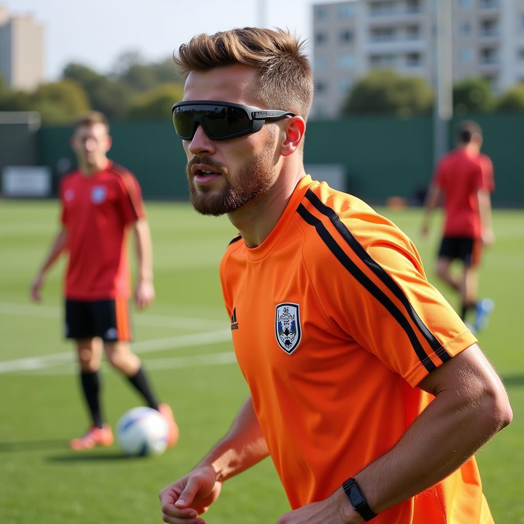 Footballer wearing protective sports glasses during training