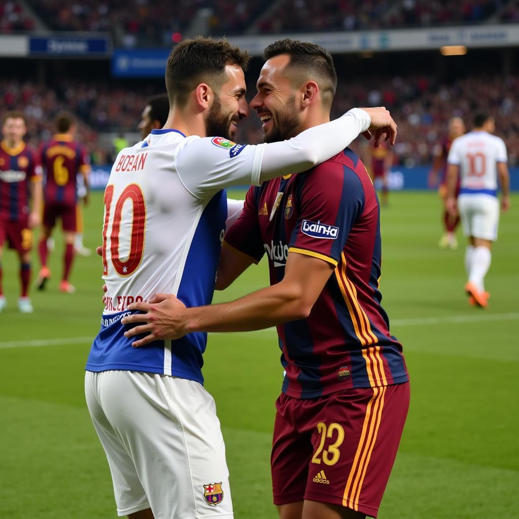 Two footballers embracing after a match.