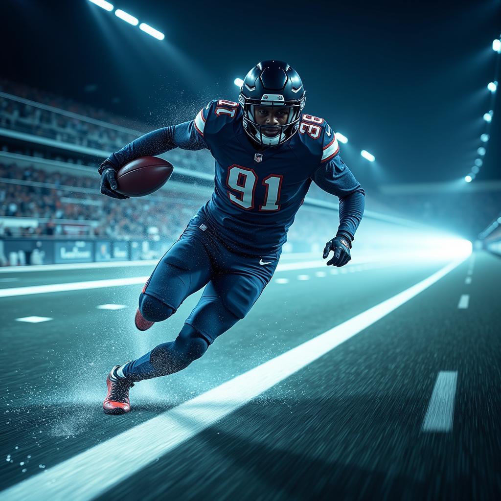 A futuristic image of a football player running at high speed, leaving a trail of light.