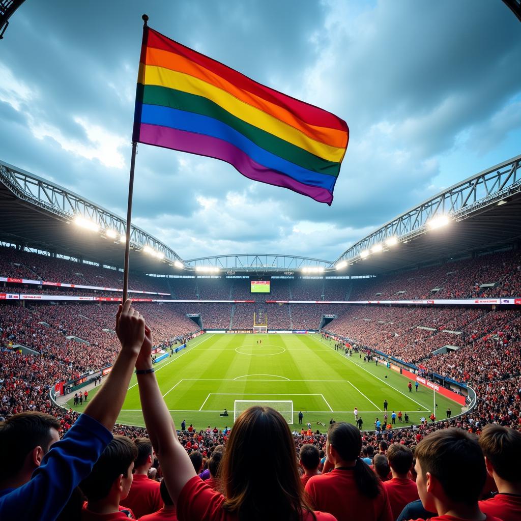 A rainbow flag waving in a football stadium, symbolizing hope for a more inclusive future.