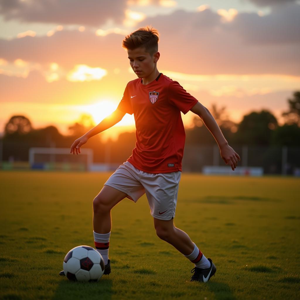 A young footballer practicing, dreaming of winning the World Cup.