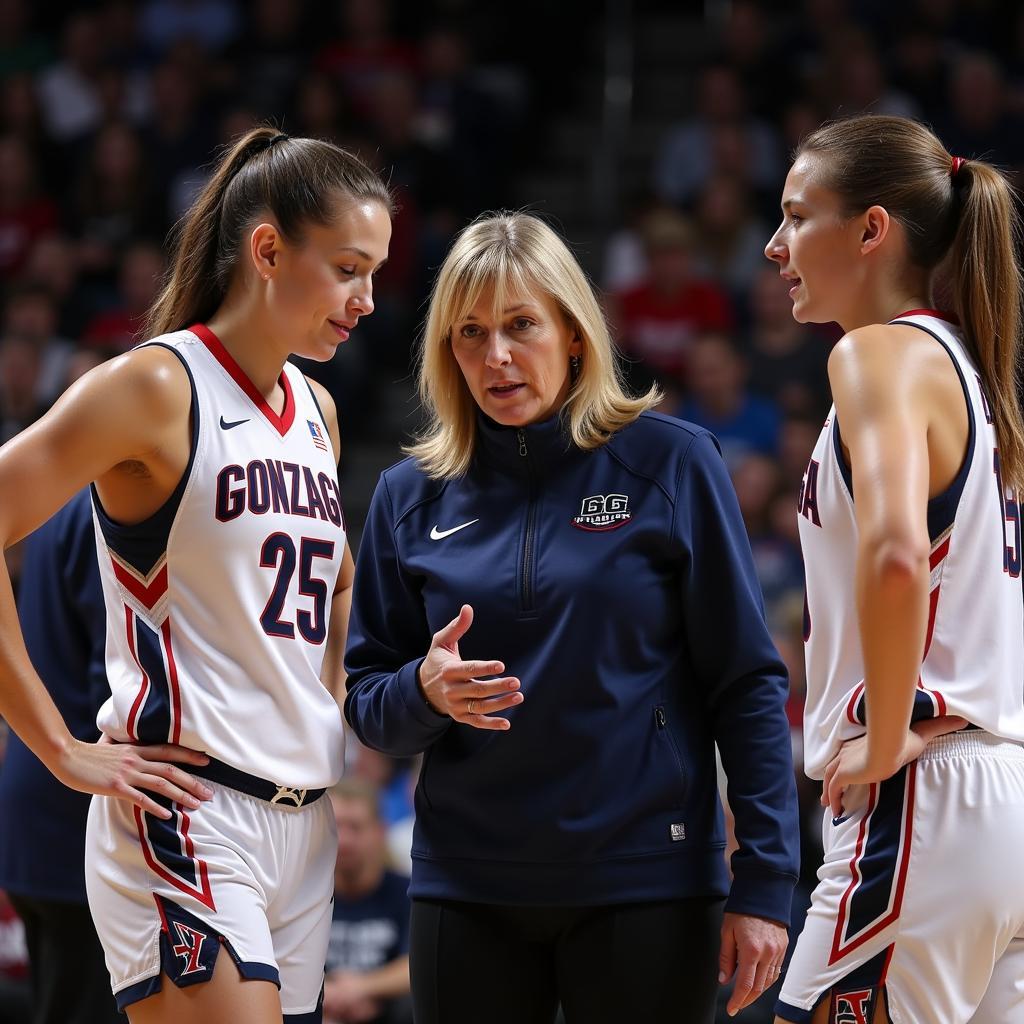 Gonzaga Bulldogs Women's Basketball coach giving instructions during a timeout.