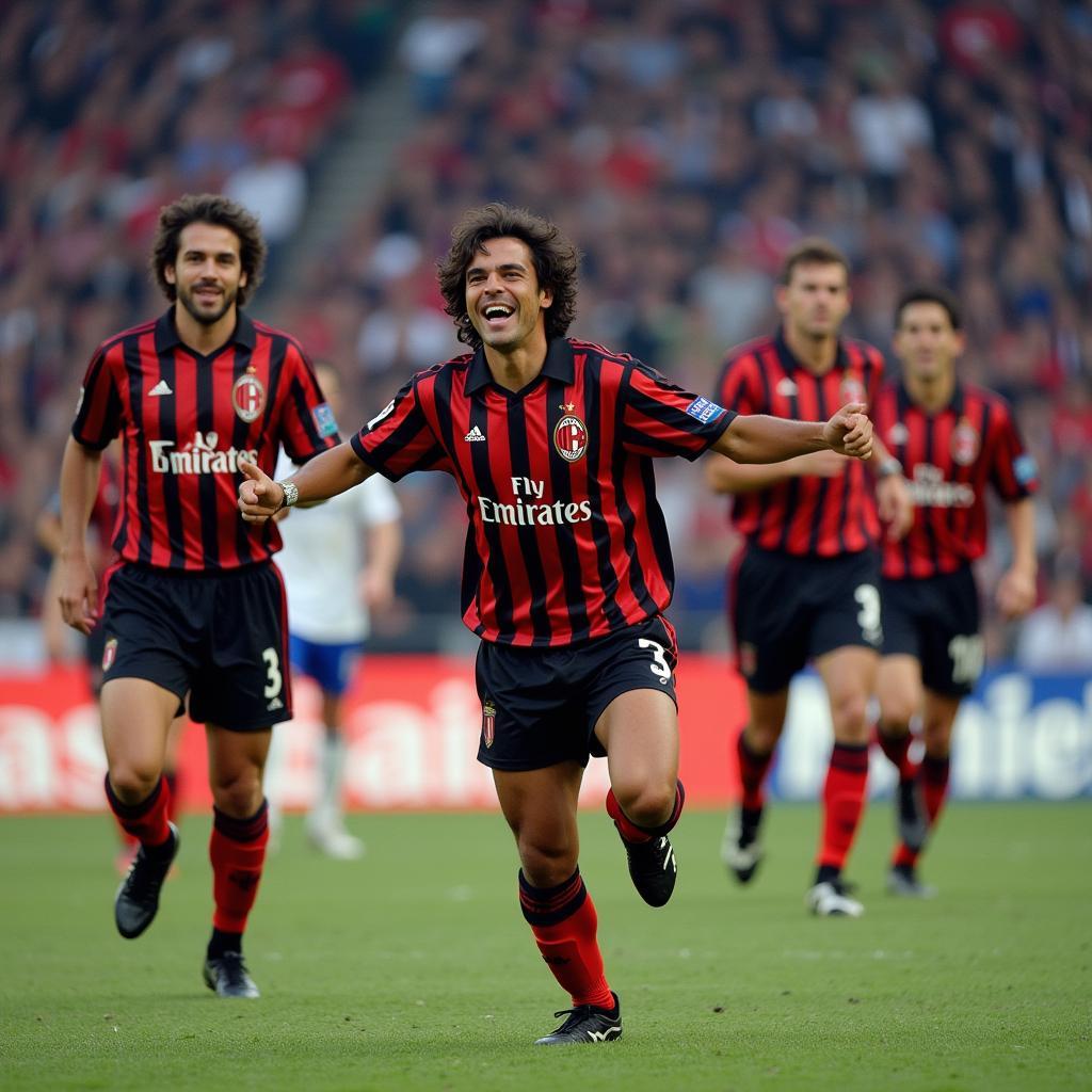 Ruud Gullit celebrating a goal with his AC Milan teammates, demonstrating the camaraderie and success of the Dutch trio in Serie A.