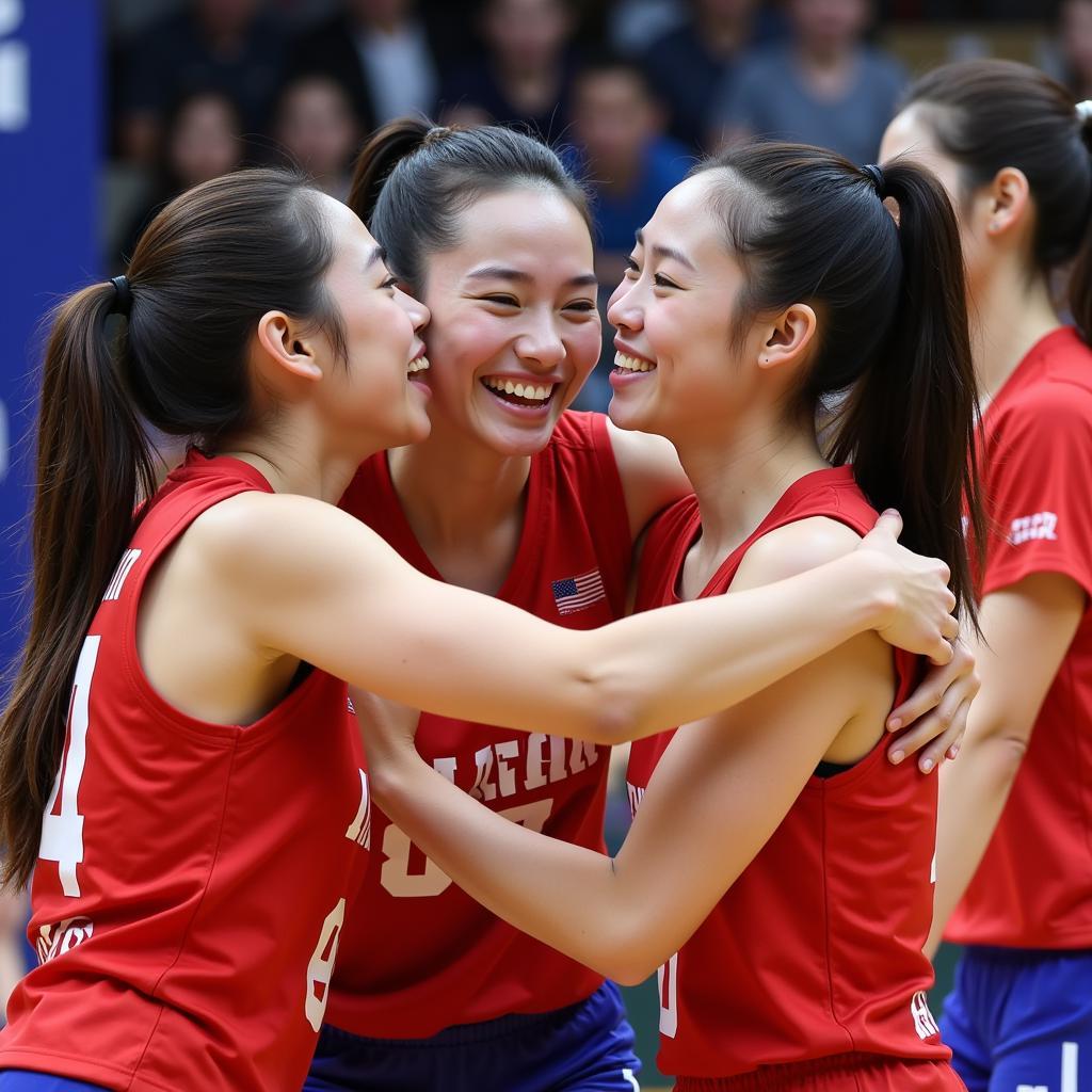 Ha Tinh Volleyball Team celebrating a victory, demonstrating their team spirit and camaraderie.