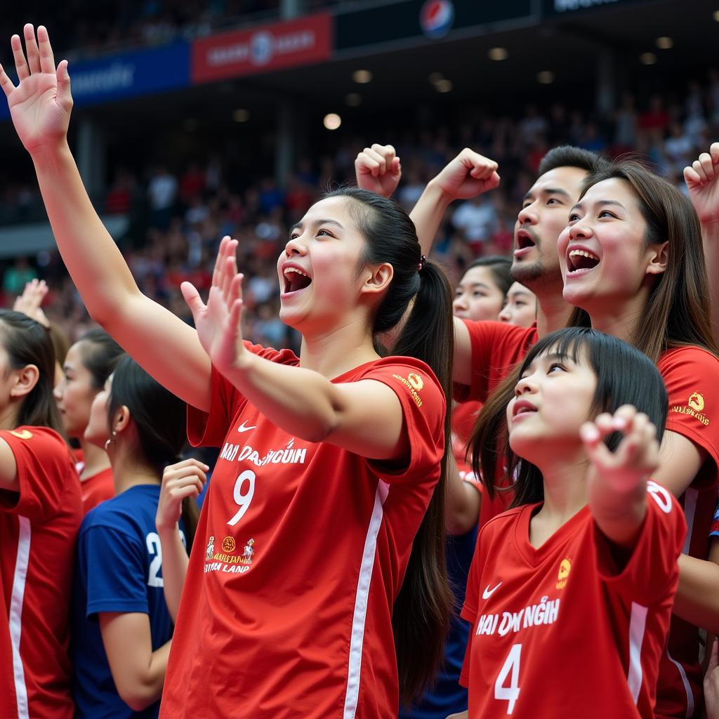 Enthusiastic Ha Tinh Volleyball fans cheering on their team, displaying unwavering support and local pride.