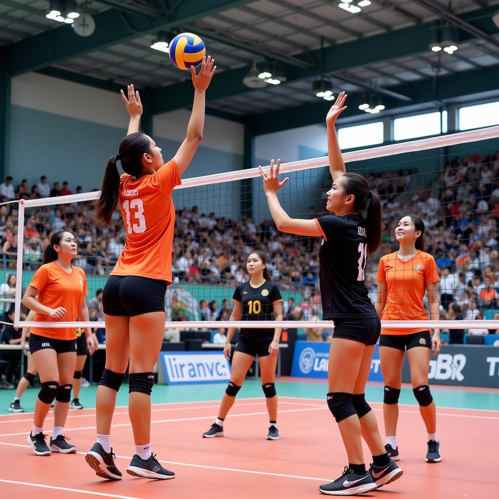 Ha Tinh Volleyball Team during a rigorous training session, showcasing their dedication and teamwork.