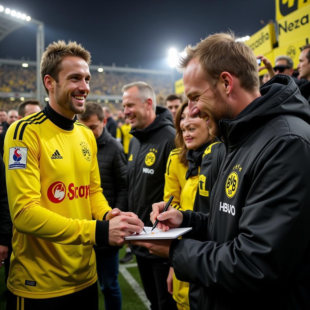 Haaland interacting with Dortmund fans after a match