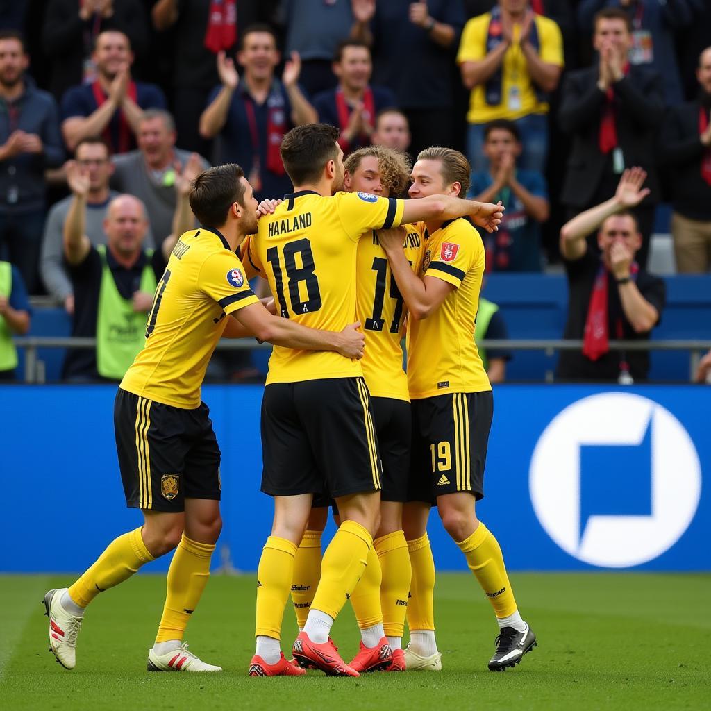 Erling Haaland celebrating a goal with his teammates, highlighting the importance of teamwork