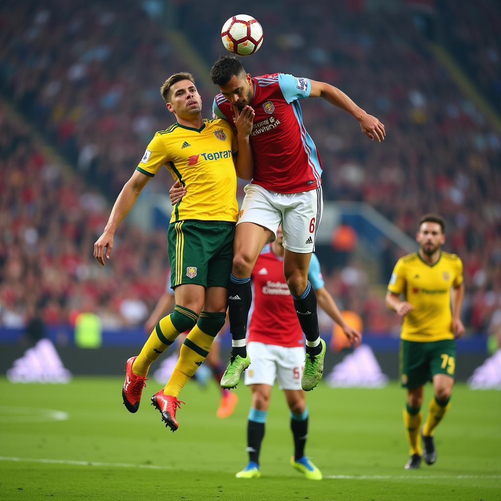 Erling Haaland winning an aerial duel against a defender