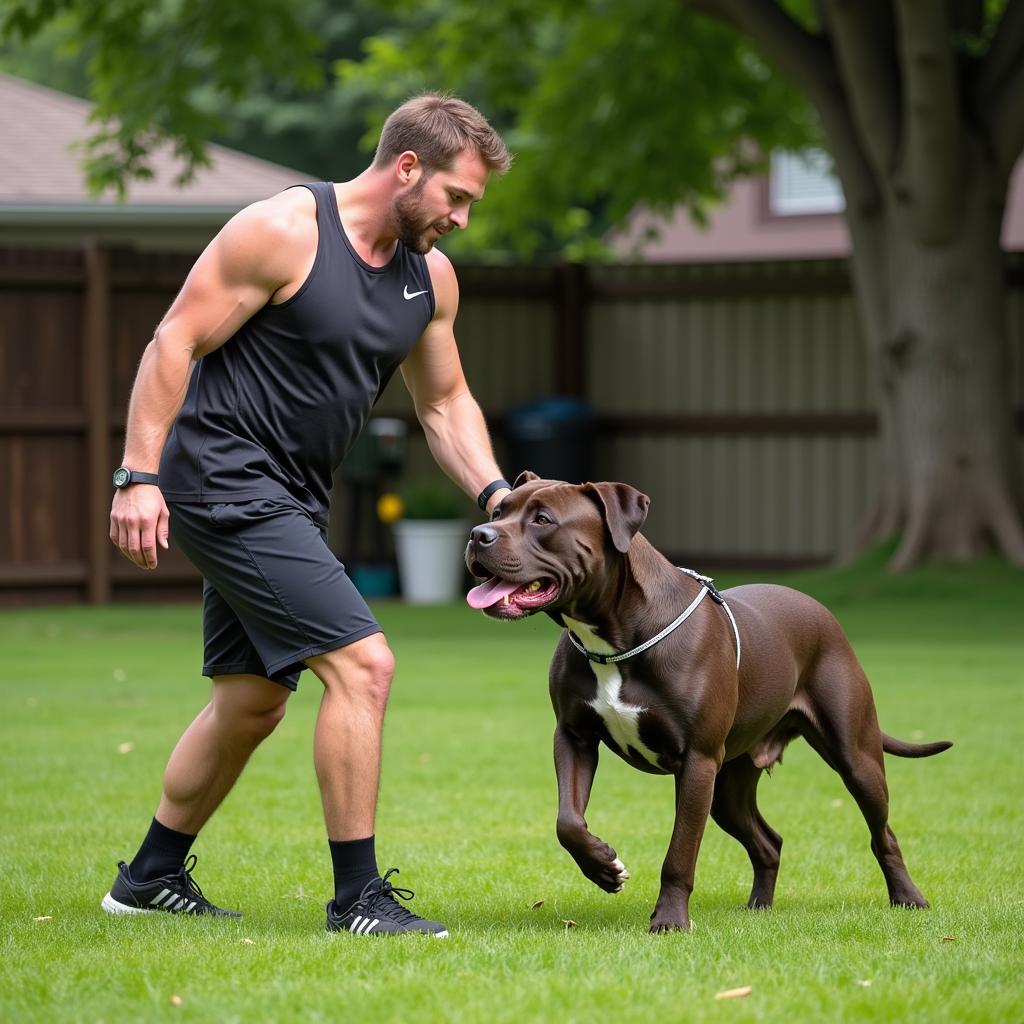 Haaland training his American Bully in the backyard.