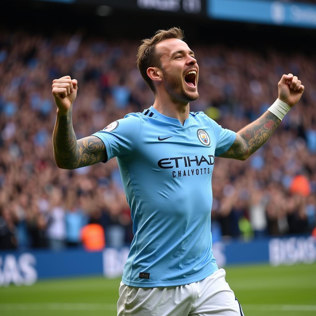 Erling Haaland celebrating a goal with Manchester City, potentially on his way to a Ballon d'Or win.