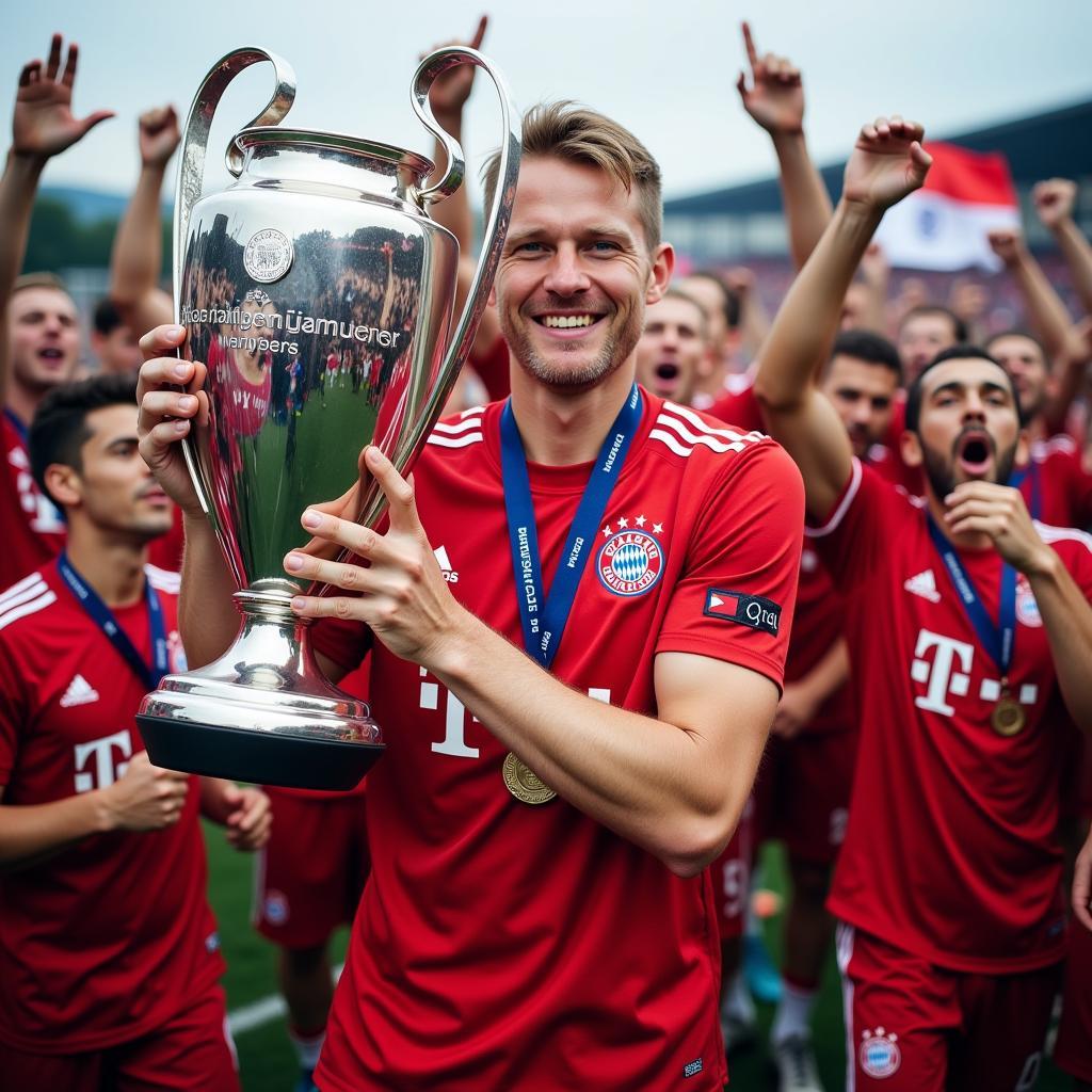 Haaland holding the Champions League trophy in a Bayern Munich kit