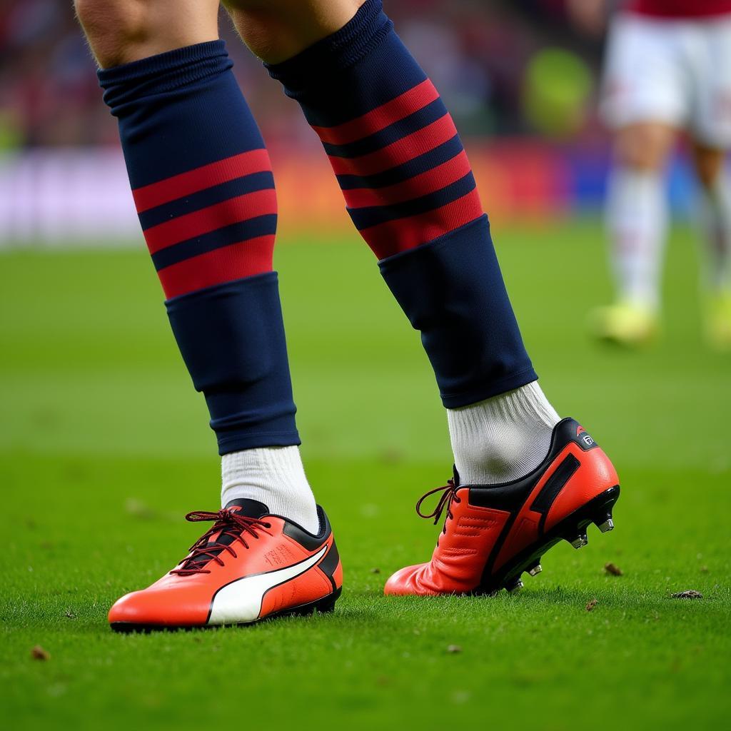 Haaland's boots digging into the grass, highlighting traction.