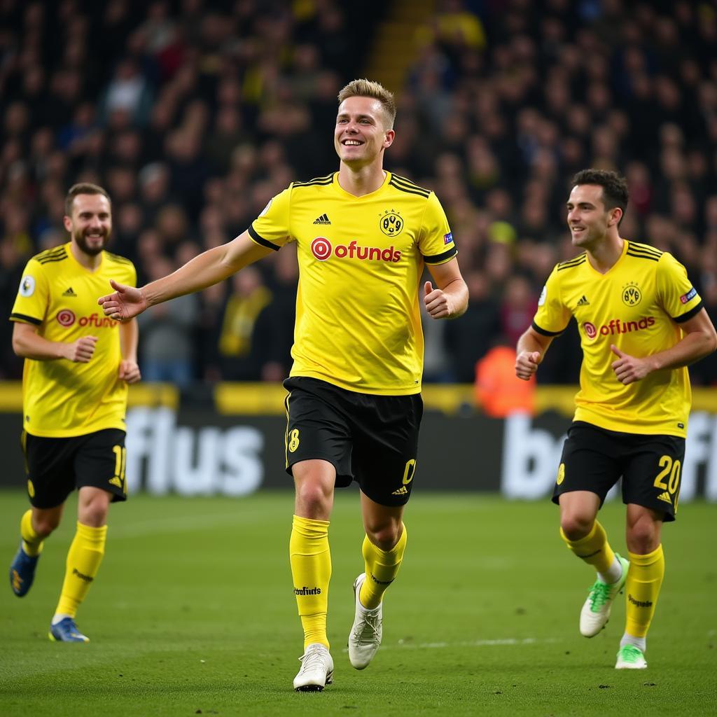 Erling Haaland celebrating a goal with his Borussia Dortmund teammates in the Bundesliga