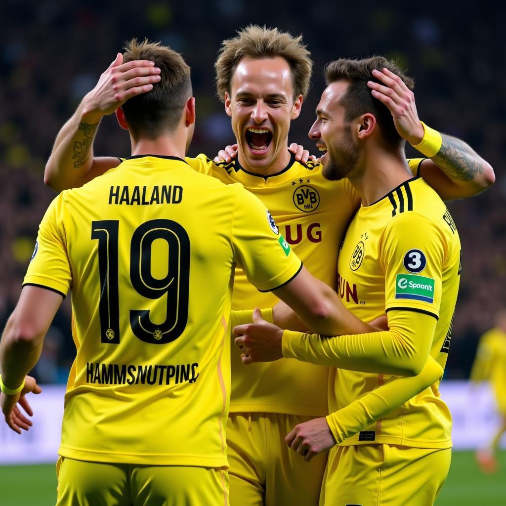 Erling Haaland celebrating a goal with his Borussia Dortmund teammates in the Bundesliga 2021 season