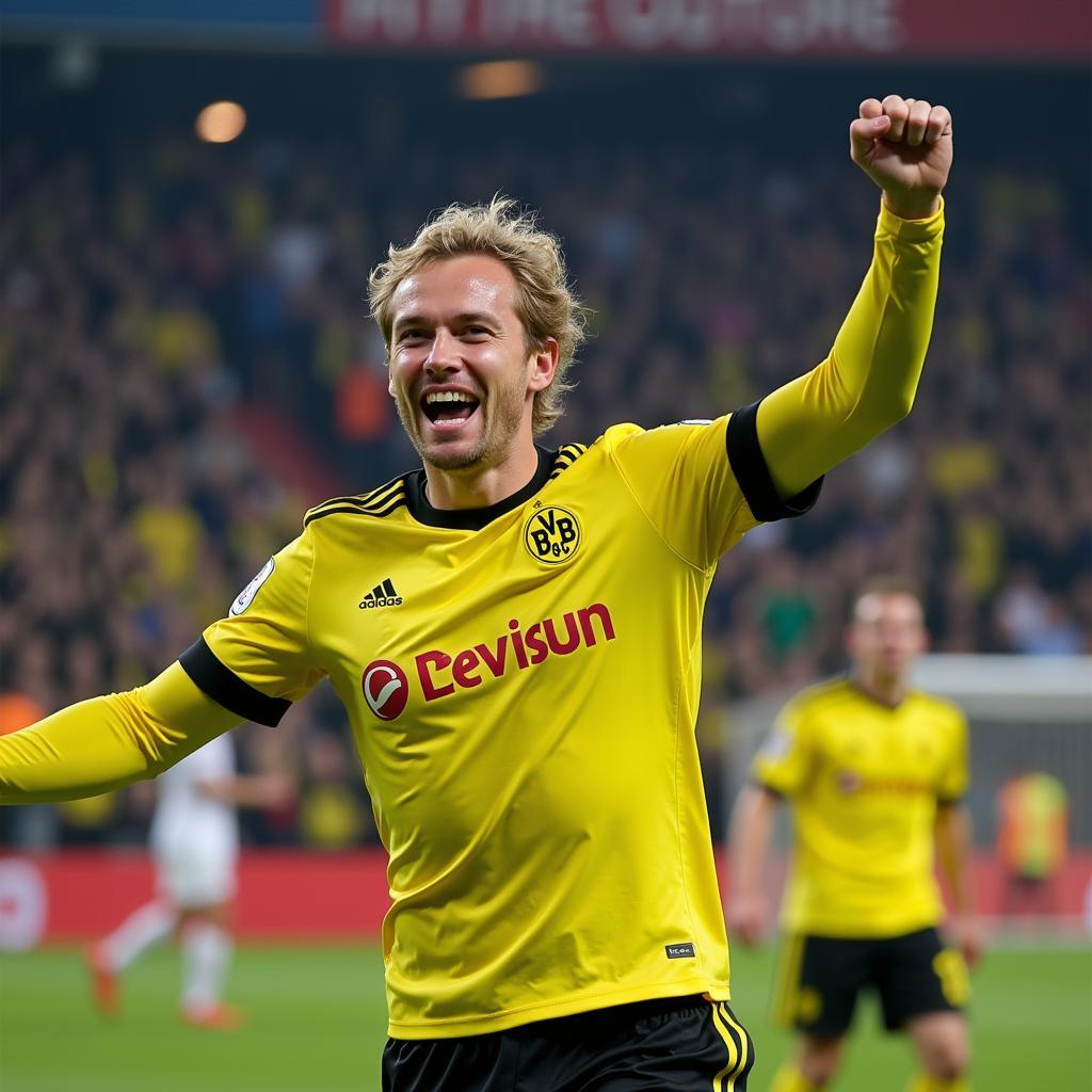 Haaland scoring a goal for Borussia Dortmund in the Bundesliga during the 2022 calendar year