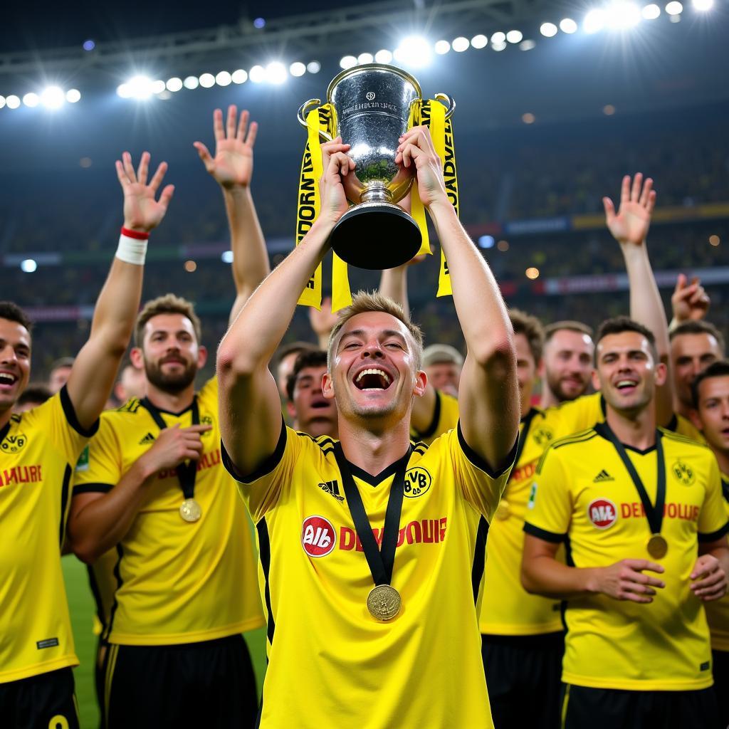 Haaland lifting the Bundesliga trophy