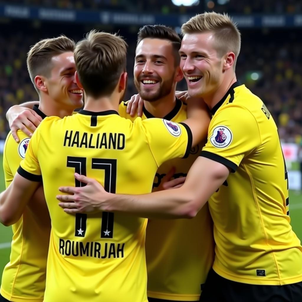 Erling Haaland celebrates a goal with his Borussia Dortmund teammates.