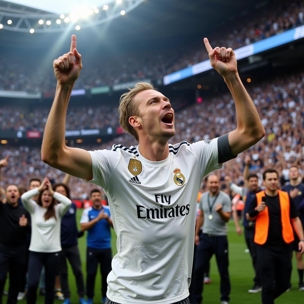 Erling Haaland celebrates a goal in front of cheering Real Madrid fans