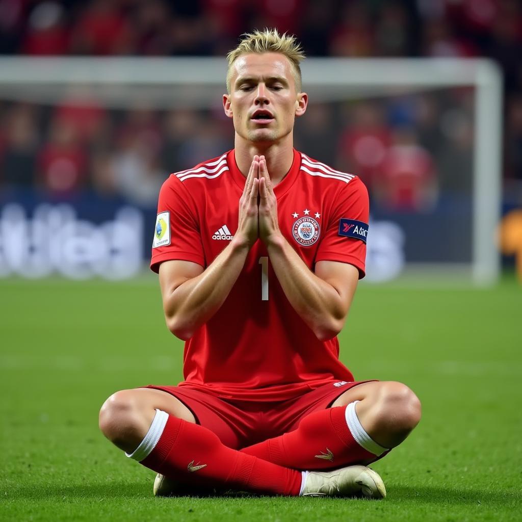 Erling Haaland celebrates scoring a goal with his signature meditation pose