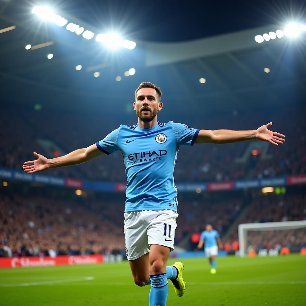 Haaland celebrating a goal in his Manchester City Jersey