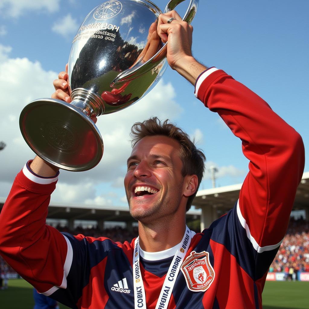 Erling Haaland celebrating winning the Champions League trophy