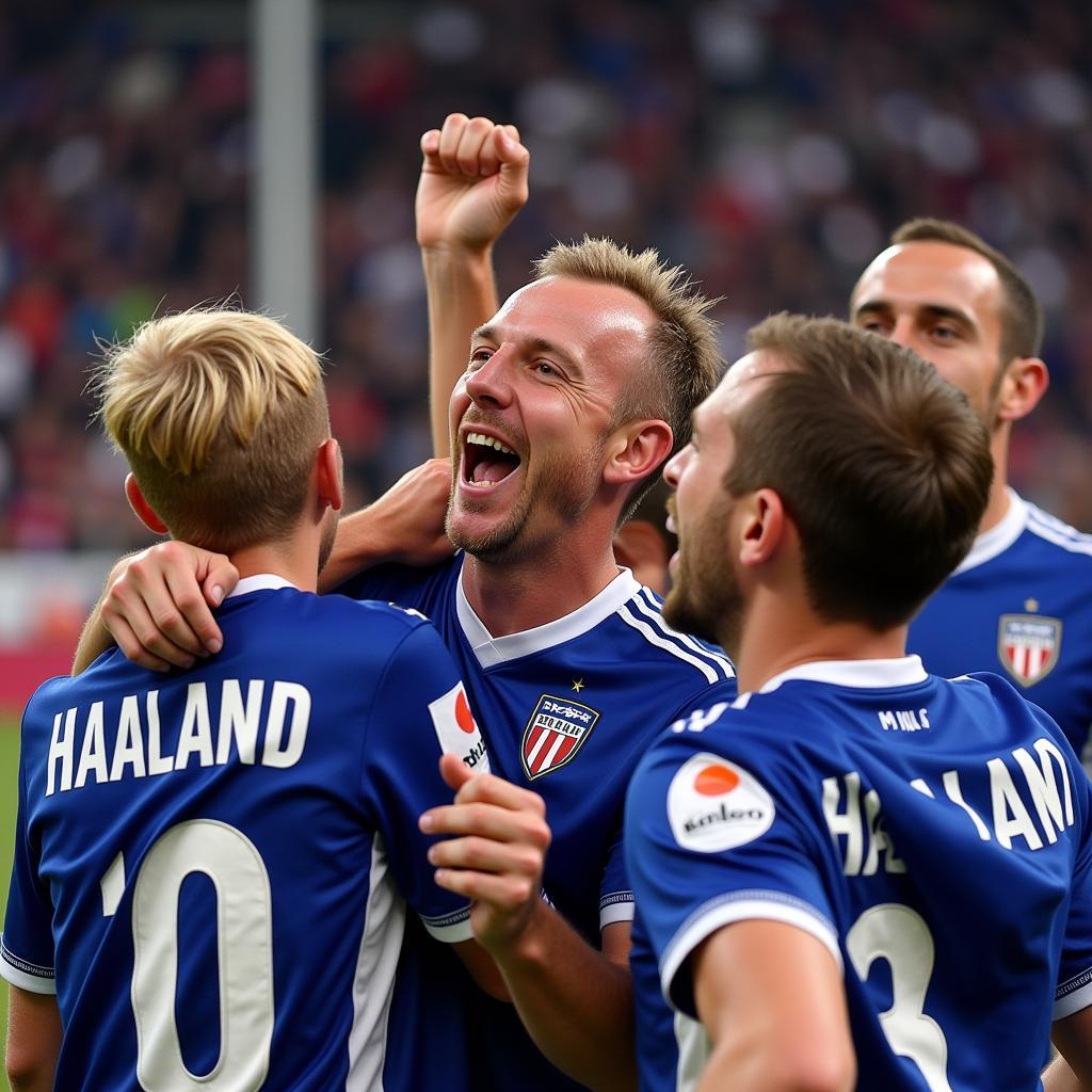 Erling Haaland celebrating a goal with his teammates