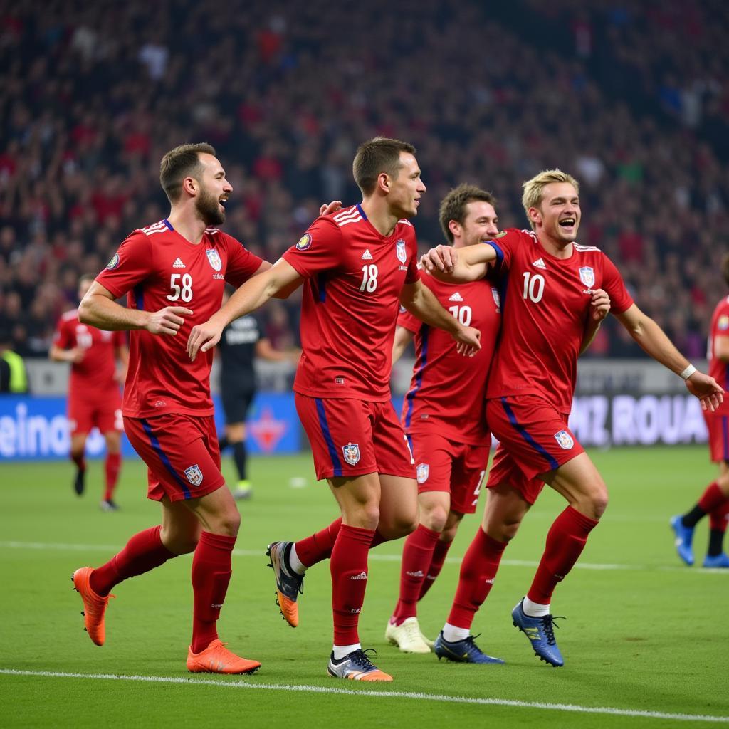 Haaland celebrating a goal with teammates