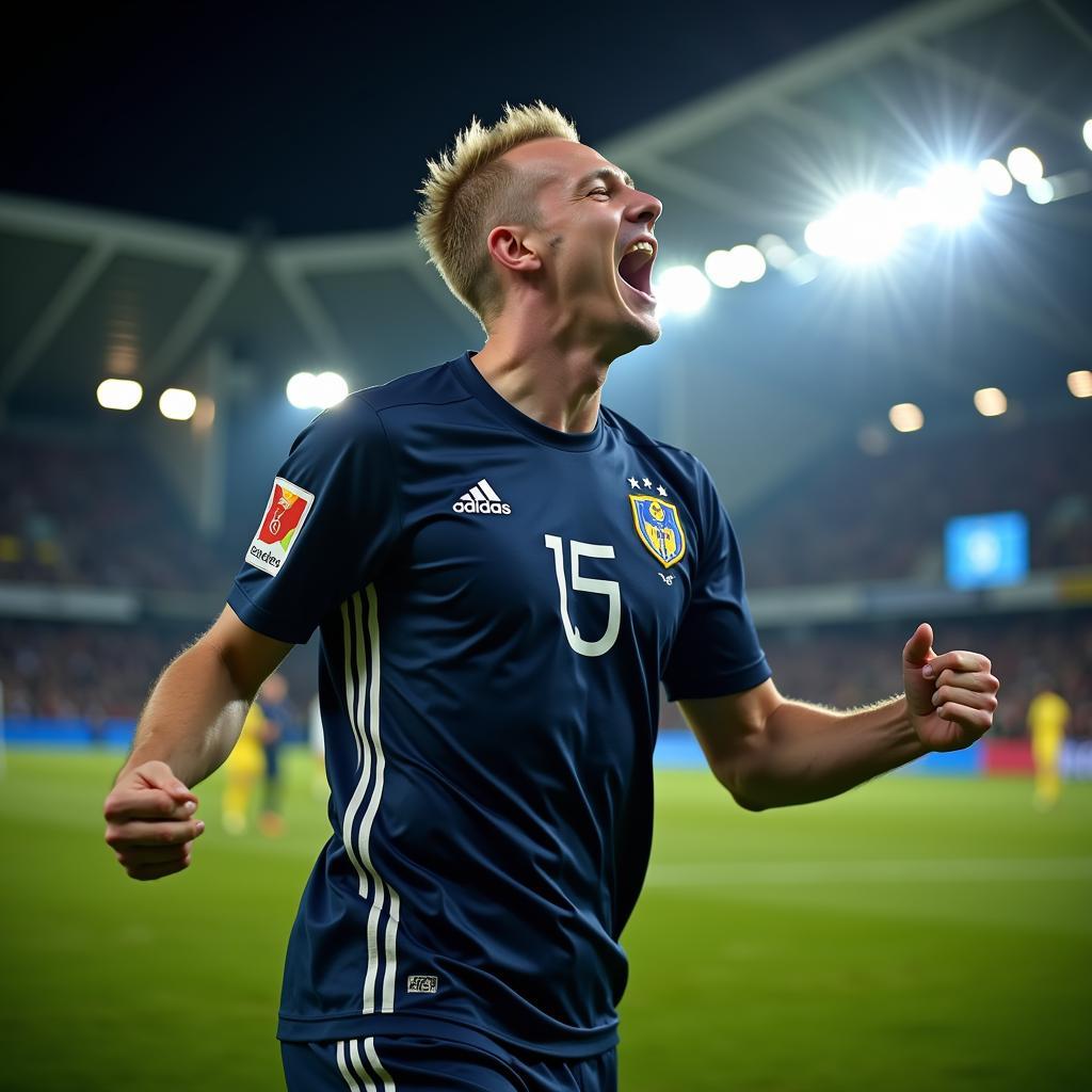 Erling Haaland celebrates a goal after a match, highlighting his prolific goal-scoring ability.