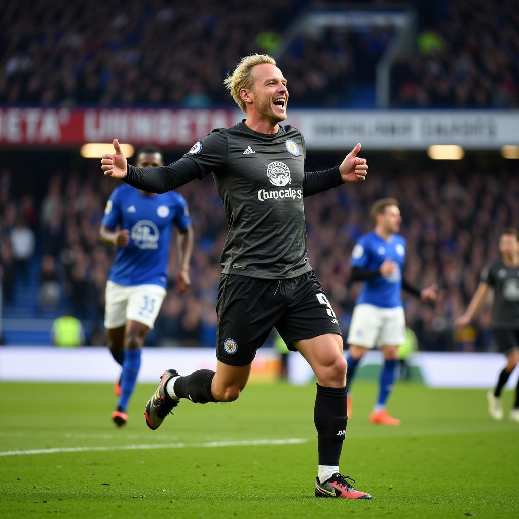 Haaland celebrates a goal against Leicester City